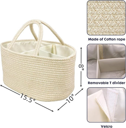 Large Baby Diaper Caddy Organizer for Girl Boy Rope Nursery Storage Bin Basket Portable Holder Tote Bag for Changing Table Car Travel Baby Shower Gifts Oatmeal