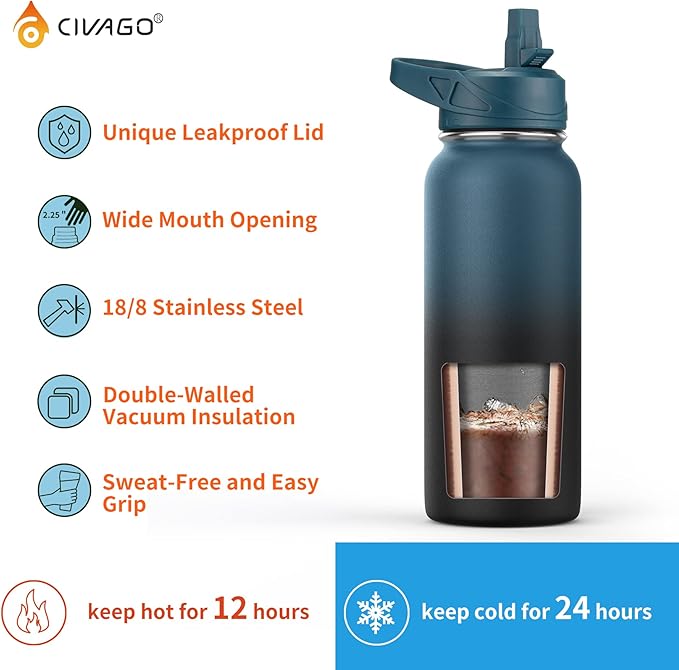 CIVAGO 64 oz Insulated Water Bottle With Straw, Half Gallon Stainless Steel Sports Water Flask Jug with 3 Lids (Straw, Spout and Handle Lid), Large Metal Thermal Cup Mug, Deep Orange