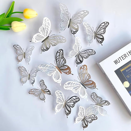 3D Butterfly Wall Decor 3 Sizes 4 Styles, Kurilai 48Pcs Butterfly Decorations Party Birthday Cake Decoration, Removable Wall Stickers for Kids Nursery Wedding Bedroom Room Decor (Silver)
