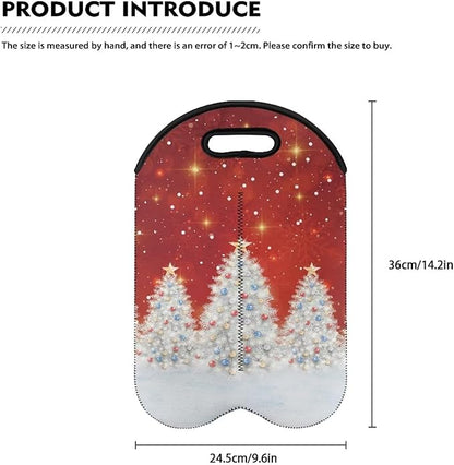 doginthehole 2 Bottle Wine Carrier Neoprene Wine Bottle Tote Red Silvery Xmas Tree Print Bottle Holder for Travel Picnic Portable Wine Champagne Bottles Bag for Christmas Party