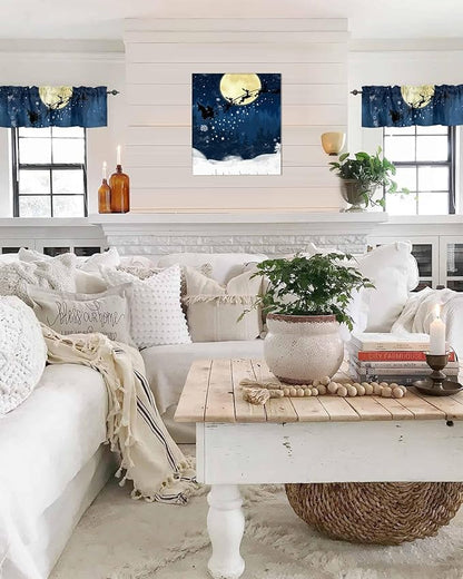 Christmas Kitchen Curtains Valances for Windows Santa Claus Reindeer Rod Pocket Window Treatment for Kitchen/Living Room/Bedroom/Bathroom,42" X 12" -1 Panel, Blue Snowy Night