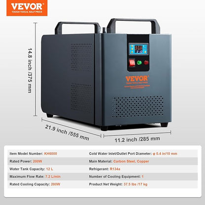 VEVOR Industrial Water Chiller, KH-6000, 200W Industrial Water Cooler Cooling System with Compressor 12 L Water Tank Capacity 7.8 L/min Max Flow Rate, for CO2 Laser Engraving Machine Cooling Machine