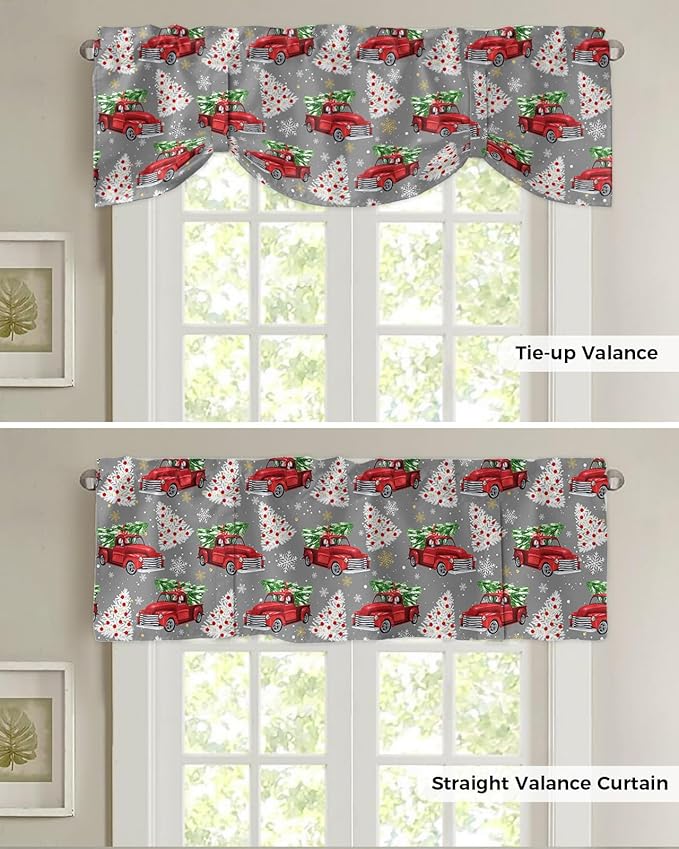 Red Truck Christmas Blackout Tie Up Valance Curtains for Kitchen Windows Merry Christmas Tree Window Toppers Balloon Shades for Living Room/Bathroom/Bedroom,1 Panel, 42" X 12", Winter Snowflake Grey