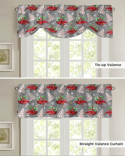 Red Truck Christmas Blackout Tie Up Valance Curtains for Kitchen Windows Merry Christmas Tree Window Toppers Balloon Shades for Living Room/Bathroom/Bedroom,1 Panel, 42" X 12", Winter Snowflake Grey