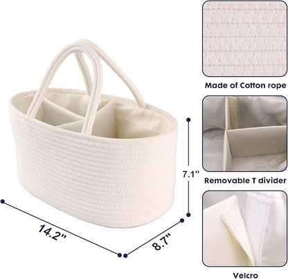 Baby Diaper Caddy Organizer for Girl Boy Cotton Rope Nursery Storage Bin Basket Portable Holder Tote Bag for Changing Table Car Travel Baby Shower Gifts Newborn Essentials Registry Must Haves White