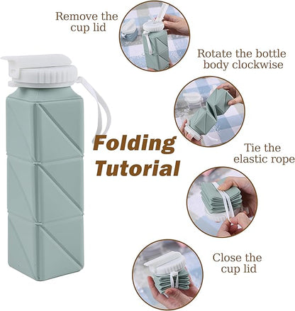 EOBTAIN Green Silicone Collapsible Water Bottle for Travel Leakproof Lightweight Foldable Water Bottles with Straw,20oz BPA Free Water Bottle for Sports Gym Hiking,Flexible and Durable.