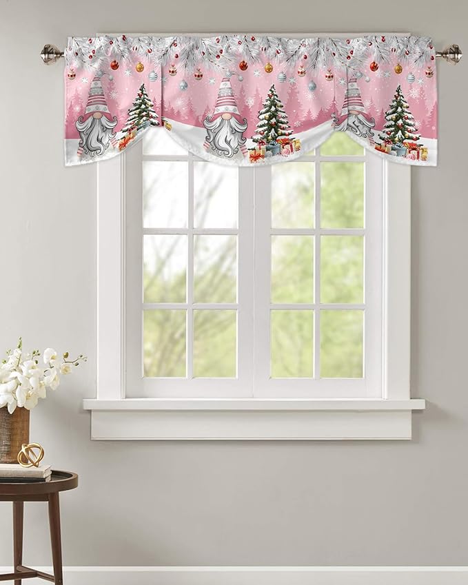 Christmas Gnome Blackout Tie Up Valance Curtains for Kitchen Windows Winter Merry Christmas Tree Balls Window Toppers Balloon Shades for Living Room/Bathroom/Bedroom,1 Panel, 60" X 18", Pink