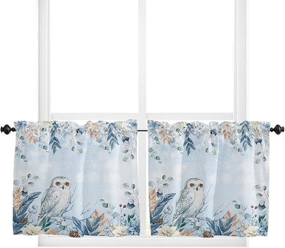 Blue Christmas Kitchen Curtains and Valances Set, Winter Snowy Owl Poinsettia Eucalyptus Leaves Windows Treatments Tiers Half/Short Curtains for Small Windows Cafe /Living Room/ Bedroom 54x24 in