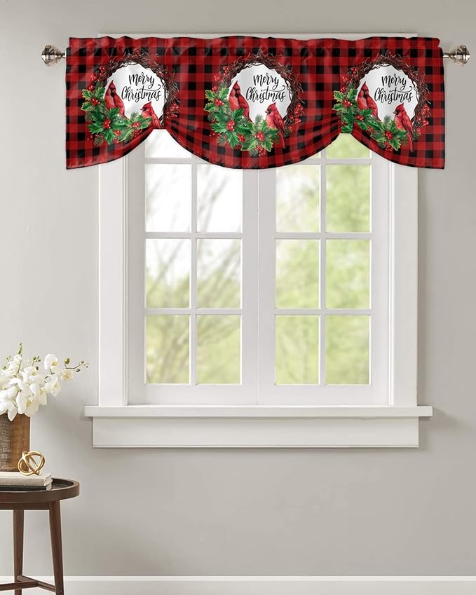 Merry Christmas Blackout Tie Up Valance Curtains for Kitchen Windows Winter Cardinal Holly Berries Window Toppers Balloon Shades for Living Room/Bathroom/Bedroom,1 Panel,42" X 12" Red Black Plaid