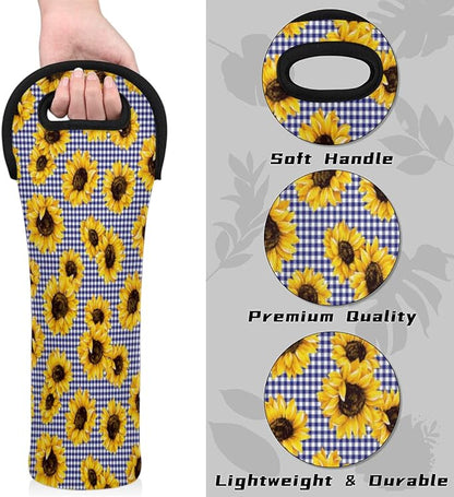 Sunflower Checked Single Bottle Wine Gift Tote Carrier Neoprene Wine Tote Bags Holder Cooler Wine Lover Gift