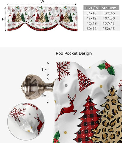 Merry Christmas Blackout Tie Up Valance Curtains for Kitchen Windows Farm Christmas Tree Buffalo Plaid Leopard Window Toppers Balloon Shades for Living Room/Bathroom/Bedroom,42" X 12" Holiday Decor