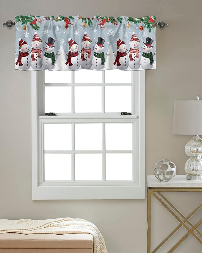 Christmas Kitchen Curtains Valances for Windows Snowman Cardinal Rod Pocket Window Treatment for Kitchen/Living Room/Bedroom/Bathroom,42" X 12" -1 Panel, Bluish Grey Winter Holiday