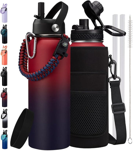 40 64 OZ Insulated Water Bottles with Straw - Keep Cold-48H Hot-24H, Metal Flask Reusable Water Bottle 40oz, Vacuum Thermal Mug with Strap Pouch & Paracord Handle for Sports Hiking Cycling Running
