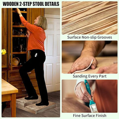 Wooden 2 Step Stool for High Beds, Moderate & Applicable 2-Step Stools for Seniors, Solid Wood steppingStool, Built-in Handle for Easy Carrying, 25.6" W
