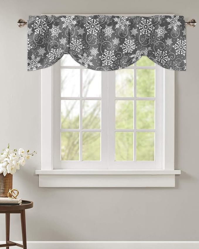 Christmas Blackout Tie Up Valance Curtains for Kitchen Windows Grey White Snowflakes Pattern Window Toppers Balloon Shades for Living Room/Bathroom/Bedroom,1 Panel, 54" X 18", Winter