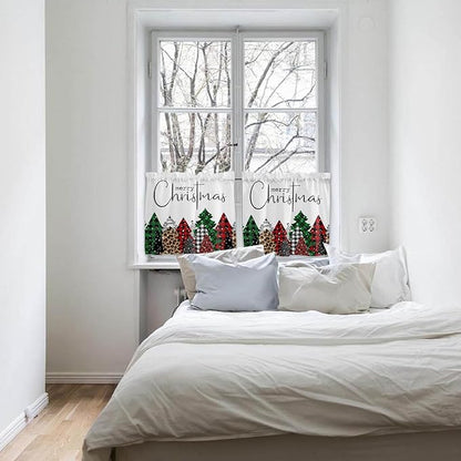 Merry Christmas Kitchen Curtains and Valances Set, Buffalo Plaid Xmas Tree Winter Forest Farmhouse Small Windows Treatments Tiers Short Curtains for Cafe /Living Room/ Bedroom 54x24 in Red Green