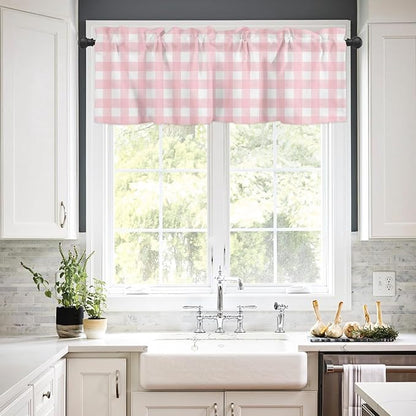 Christmas Valance Curtains for Kitchen Windows Rustic Pink White Buffalo Check Plaid Pattern Rod Pocket Window Treatment Toppers for Kitchen/Living Room/Bedroom/Bathroom, 60" X 18", Farmhouse