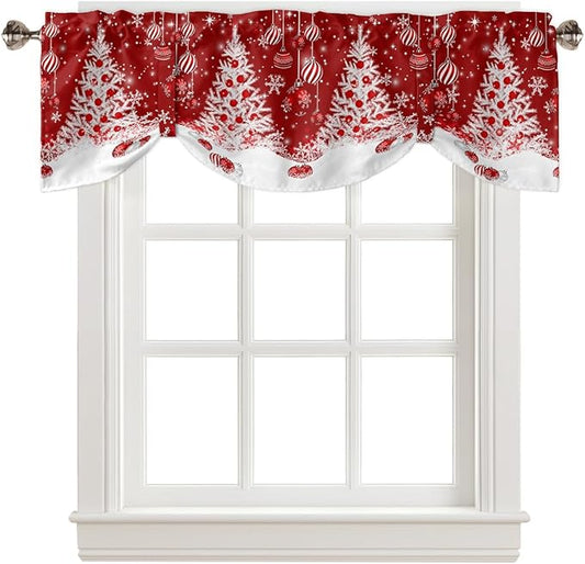 Red Christmas Blackout Tie Up Valance Curtains for Kitchen Windows White Xmas Tree Snowflakes Red Balls Window Toppers Balloon Shades for Living Room/Bathroom/Bedroom,1 Panel, 54" X 18", Winter
