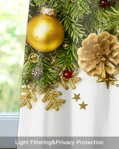 Christmas Kitchen Curtains Valances for Windows Pine Cones Rod Pocket Window Treatment for Kitchen/Living Room/Bedroom/Bathroom,42" X 18" -1 Panel, Golden Ornament Balls