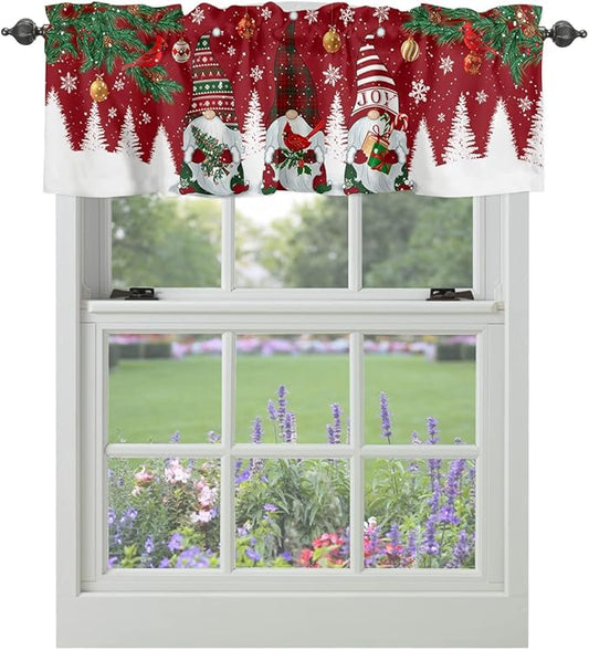 Christmas Gnomes Kitchen Curtains Valances for Windows Red Winter Holidays Rod Pocket Window Treatment for Kitchen /Living Room/Bedroom/ Bathroom,42" X 12" -1 Panel, White Snowflakes Xmas Trees