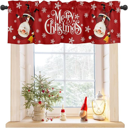 Red Merry Christmas Valance Curtains for Kitchen Windows Funny Hanging Santa Rod Pocket Window Treatment Toppers for Kitchen/Living Room/Bedroom/Bathroom, 54" X 18", Snow Winter Holiday