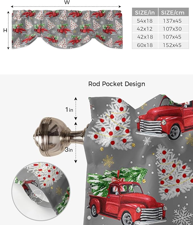 Red Truck Christmas Blackout Tie Up Valance Curtains for Kitchen Windows Merry Christmas Tree Window Toppers Balloon Shades for Living Room/Bathroom/Bedroom,1 Panel, 42" X 12", Winter Snowflake Grey