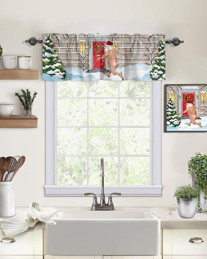 Christmas Farmhouse Kitchen Curtains Valances for Windows Funny Santa Claus Rod Pocket Window Treatment for Kitchen/Living Room/Bedroom/Bathroom,60" X 18" -1 Panel, Holly Xmas Tree
