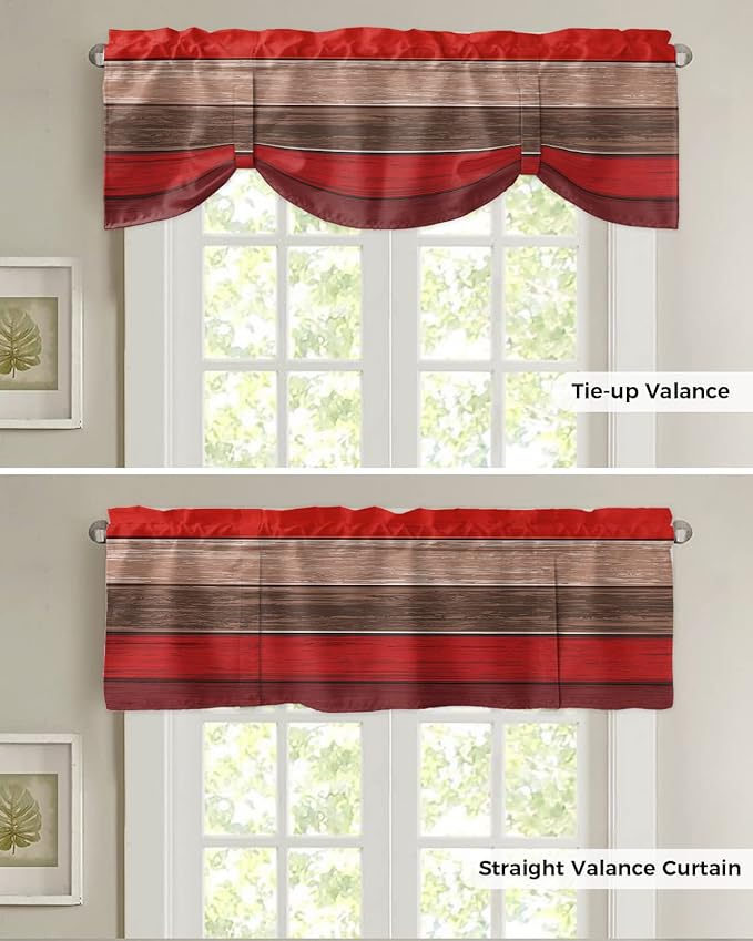 Farmhouse Blackout Tie Up Valance Curtains for Kitchen Windows, Christmas Red Brown Window Toppers Balloon Shades for Living Room/Bathroom/Bedroom,1 Panel,42" X 18" Retro Rustic Barn Wood Texture