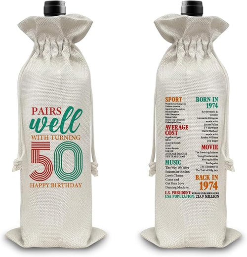50th Birthday Gifts Wine Bag Congratulations Gifts for Women Men Parents Mom Dad Anniversary Favors 1974 Birthday Wine Gift Bag