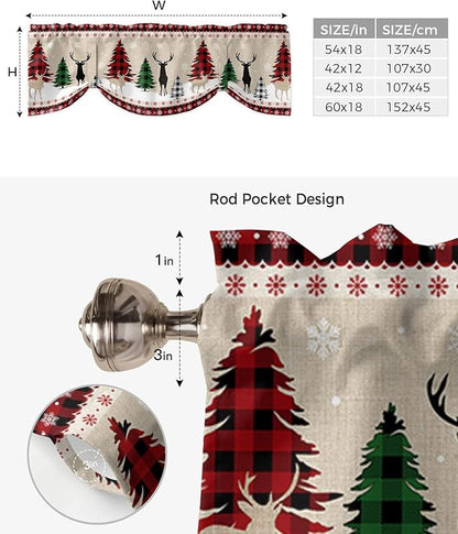 Farmhouse Christmas Blackout Tie Up Valance Curtains for Kitchen Windows Rustic Plaid Christmas Tree Snowflakes Window Toppers Balloon Shades for Living Room/Bathroom/Bedroom,60" X 18" Red Green Black