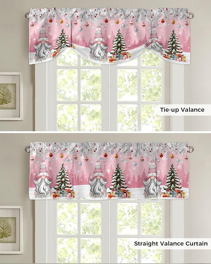 Christmas Gnome Blackout Tie Up Valance Curtains for Kitchen Windows Winter Merry Christmas Tree Balls Window Toppers Balloon Shades for Living Room/Bathroom/Bedroom,1 Panel, 60" X 18", Pink