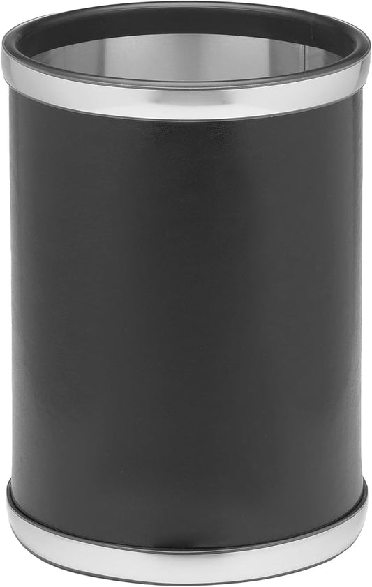 Kraftware Sophisticates Waste Basket with Brushed Chrome Round Band, Black - 10.75 Inch
