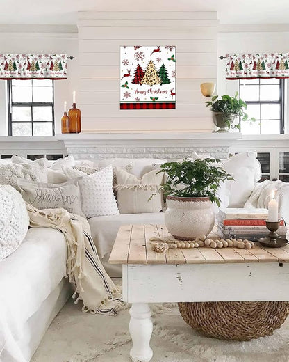 Merry Christmas Kitchen Curtains Valances for Windows Farm Christmas Tree Buffalo Plaid Leopard Rod Pocket Window Treatment for Kitchen/Living Room/Bedroom/Bathroom,42" X 12" -1 Panel, Holiday Decor
