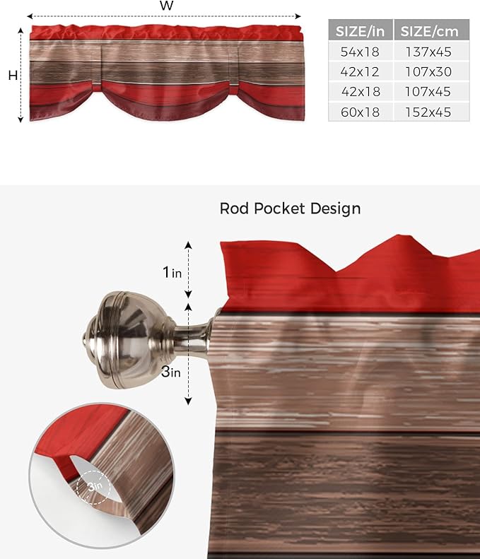 Farmhouse Blackout Tie Up Valance Curtains for Kitchen Windows, Christmas Red Brown Window Toppers Balloon Shades for Living Room/Bathroom/Bedroom,1 Panel,54" X 18" Retro Rustic Barn Wood Texture