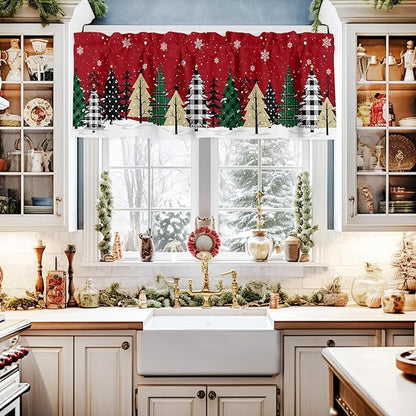 Red Merry Christmas Valance Curtains for Kitchen Windows Green Christmas Tree Rod Pocket Window Treatment Toppers for Kitchen/Living Room/Bedroom/Bathroom, 42" X 12", White Snow Forest Winter