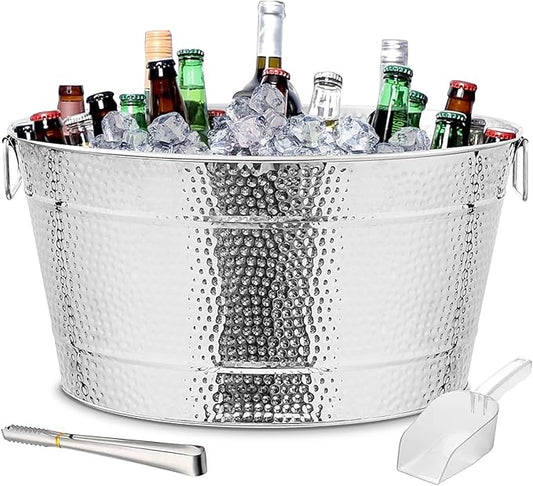 Large Ice Buckets with Handles, IKAYAS Beverage Tub with Scoop and Tongs for Cocktail Bar Mimosa Bar Supplies, Champagne Bucket Beer Bucket, Silver