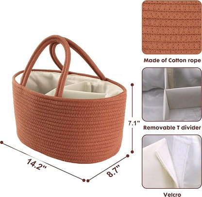 Baby Diaper Caddy Organizer for Girl Boy Cotton Rope Nursery Storage Bin Basket Portable Holder Tote Bag for Changing Table Car Travel Baby Shower Gifts Newborn Essentials Registry Must Have Rust