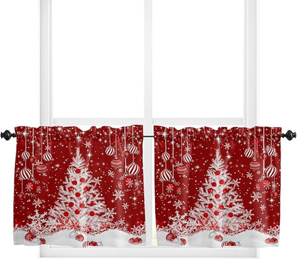 Red Christmas Kitchen Curtains and Valances Set, White Xmas Tree Snowflakes Red Balls Windows Treatments Tiers Half/Short Curtains for Small Windows Cafe /Living Room/ Bedroom 54x24 in Winter