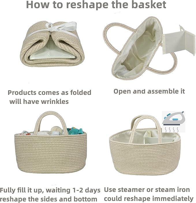 Large Baby Diaper Caddy Organizer for Girl Boy Rope Nursery Storage Bin Basket Portable Holder Tote Bag for Changing Table Car Travel Baby Shower Gifts Oatmeal