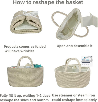 Large Baby Diaper Caddy Organizer for Girl Boy Rope Nursery Storage Bin Basket Portable Holder Tote Bag for Changing Table Car Travel Baby Shower Gifts Oatmeal