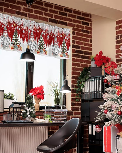 Christmas Gnome Valance Curtains for Kitchen Windows Winter Merry Christmas Tree Balls Rod Pocket Window Treatment Toppers for Kitchen/Living Room/Bedroom/Bathroom, 42" X 18", Red