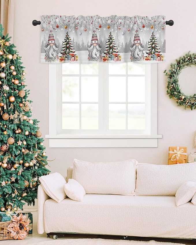 Christmas Gnome Valance Curtains for Kitchen Windows Winter Merry Christmas Tree Balls Rod Pocket Window Treatment Toppers for Kitchen/Living Room/Bedroom/Bathroom, 42" X 12", Grey