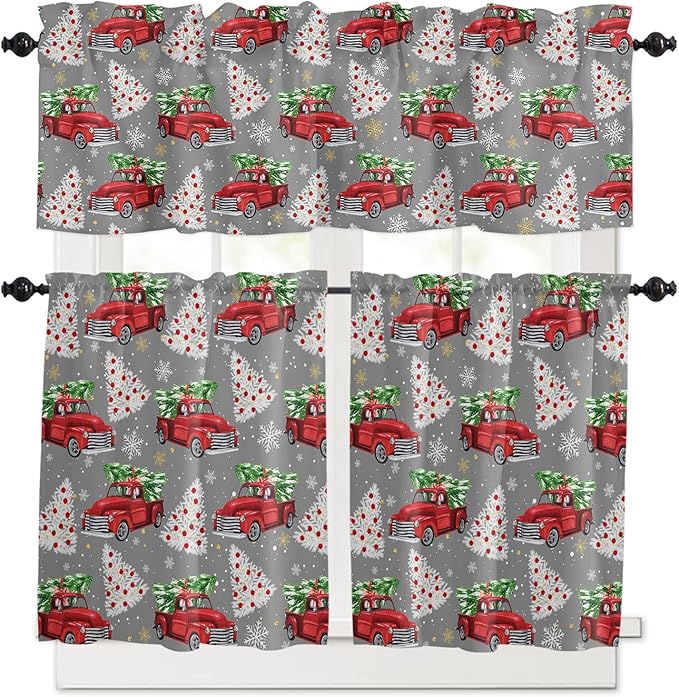 Red Truck Christmas Kitchen Curtains and Valances Set, Merry Christmas Tree Windows Treatments Tiers Half/Short Curtains for Small Windows Cafe /Living Room/ Bedroom 54x24 in Winter Snowflake Grey