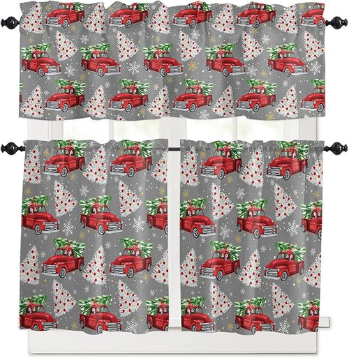 Red Truck Christmas Kitchen Curtains and Valances Set, Merry Christmas Tree Windows Treatments Tiers Half/Short Curtains for Small Windows Cafe /Living Room/ Bedroom 54x24 in Winter Snowflake Grey