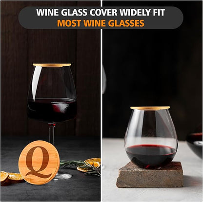 Personalized Wine Glass Charcuterie Topper - Custom Laser Engraved Initial Bamboo Wine Glass Topper Stopper Coasters Plate ID Identification Wine Glass Charcuterie Board Topper (Letter Q)