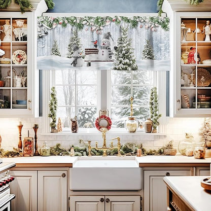 Merry Christmas Valance Curtains for Kitchen Windows Xmas Snowman Snowy Pine Tree Rod Pocket Window Treatment Toppers for Kitchen/Living Room/Bedroom/Bathroom, 54" X 18", Blue Winter