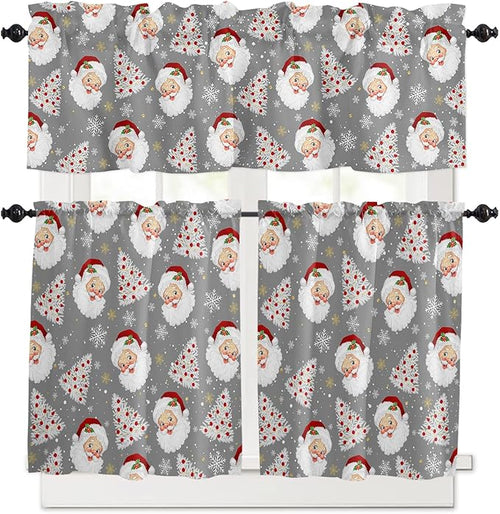 Grey Christmas Kitchen Curtains and Valances Set, Santa Claus Merry Christmas Tree Windows Treatments Tiers Half/Short Curtains for Small Windows Cafe/Living Room/Bedroom 54x36 in Winter Snowflake