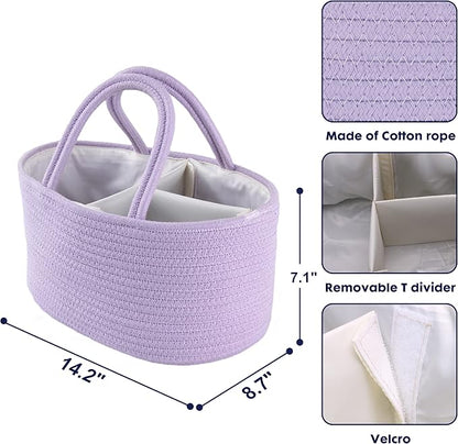 Baby Diaper Caddy Organizer Cotton Rope Nursery Storage Bin Basket Portable Holder Tote Bag for Changing Table Car Travel Baby Shower Gifts Newborn Essentials Registry Must Have Purple or Lavender