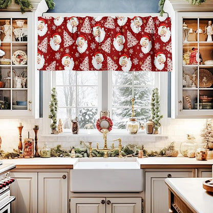Red Christmas Valance Curtains for Kitchen Windows Santa Claus Merry Christmas Tree Rod Pocket Window Treatment Toppers for Kitchen/Living Room/Bedroom/Bathroom, 54" X 18", Winter Snowflake