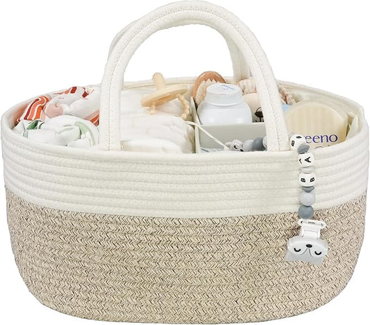 Large Baby Diaper Caddy Organizer for Girl Boy Rope Nursery Storage Bin Basket Portable Holder Tote Bag for Changing Table Car Travel Baby Shower Gifts Newborn Registry Must Haves White and Brown